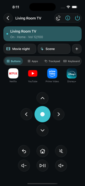 Doofer — phone remote showing Living Room TV on, volume level and the D-pad